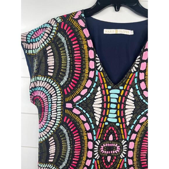 Marie Oliver Colorful Print V Neck Short Sleeve Shift Dress Size S Silk - Picture 4 of 12